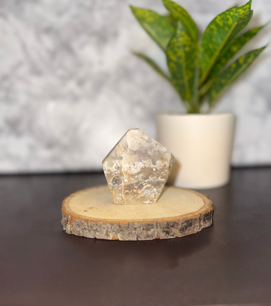 Hand carved geometric freeform Lake Superior agate with druzy