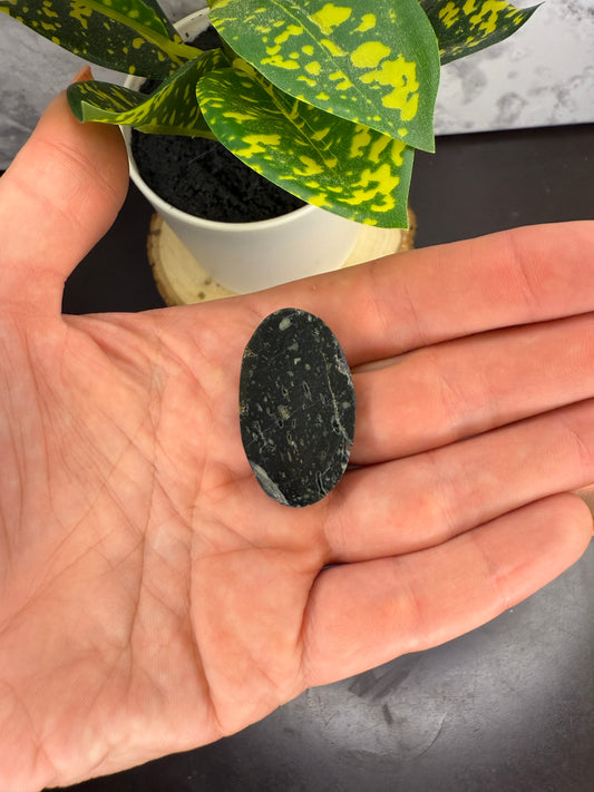Amygdaloidal basalt (“galaxy stone”) cabochon
