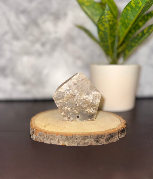 Hand carved geometric freeform Lake Superior agate with druzy