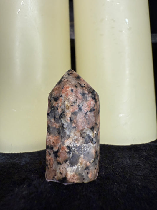 Bubblegum pink feldspar and opalized quartz mini tower